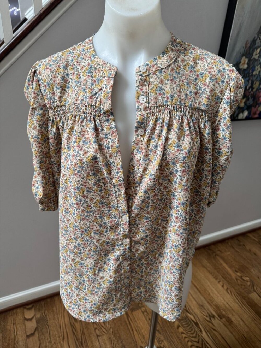 Bishop + Young Floral Button Front Ruffle Sleeve Top Blouse Small
